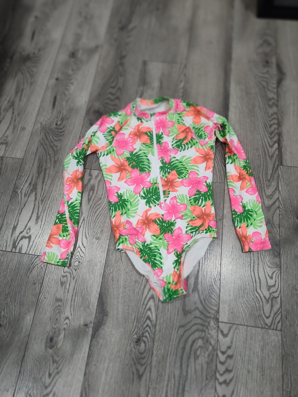 wonder nation Long-Sleeve Floral One-Piece Swimsuit - Pink, Orange & Green